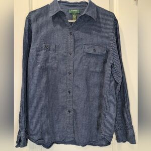 Lauren Ralph Lauren 100% Linen Button Down Shirt Blue Striped Size Large